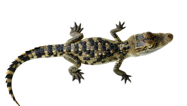 Isolated young Spectacled Caiman, detailed scales, full body, looking right, top view