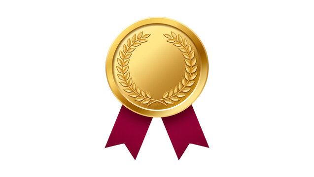 Isolated realistic gold medal with a classic laurel wreath design and elegant red ribbon