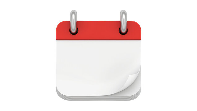 Isolated blank red-top calendar icon with curled paper pages, 3D rendering illustration