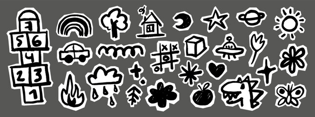 Kids Crayon scrapbook doodles set. Black retro hand drawn scribble stickers. Childish cutout elements with rough edges, car, rainbow, sun, moon, planets, dinosaur, flowers, butterflies, UFO © AutumnStudio