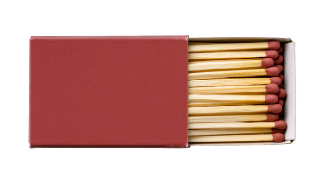 Isolated partially open red matchbox filled with wooden matches ready for igniting a fire