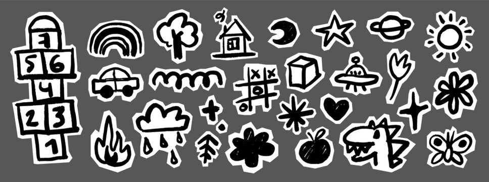 Kids Crayon scrapbook doodles set. Black retro hand drawn scribble stickers. Childish cutout elements with rough edges, car, rainbow, sun, moon, planets, dinosaur, flowers, butterflies, UFO