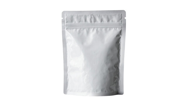 Isolated blank white flexible plastic stand-up pouch food bag mock-up packaging template