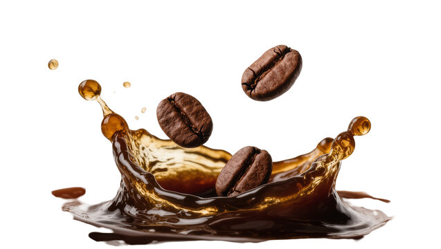 Isolated coffee beans falling into a dynamic splash of rich dark coffee liquid, energy and aroma