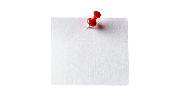 Isolated blank white textured paper note pinned by a red thumbtack for your message.