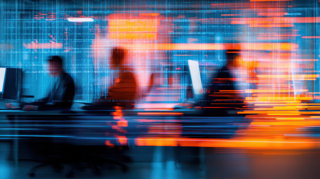 Abstract office scene with blurred figures working on computers, vibrant colors, and digital data streams creating dynamic atmosphere