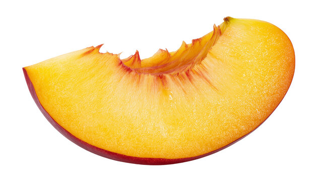 Isolated fresh ripe juicy peach fruit slice cross-section showing vibrant yellow orange flesh