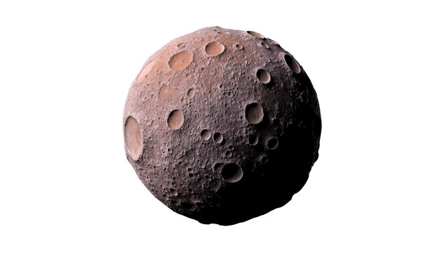 Isolated barren celestial body with many impact craters, showing a rough rocky texture