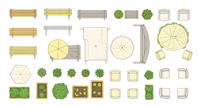 Terrace Garden Furniture Top View Vector Icons &ndash; Benches, Tables, Chairs, Plants, Landscape Yellow Outline Set