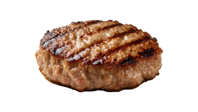 Isolated gourmet beef hamburger patty, perfectly grilled with prominent char marks, savory food