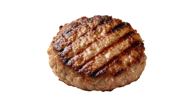 Isolated juicy grilled burger patty with visible char marks, delicious ready to eat meat