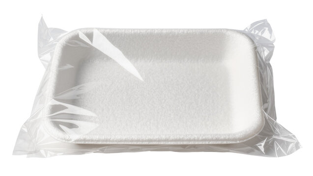 Isolated rectangular white styrofoam container for food packaging covered in plastic wrap