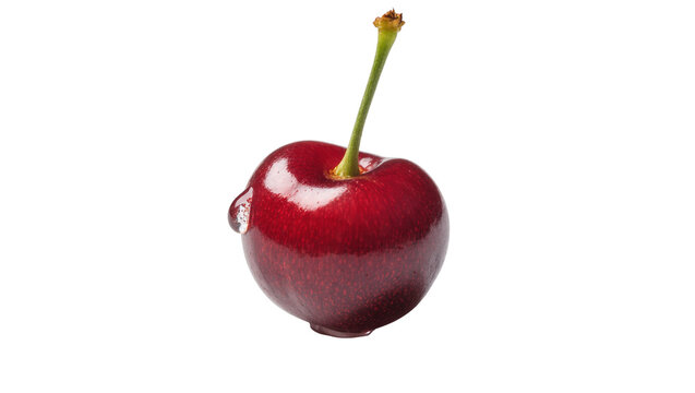 Isolated fresh ripe red cherry fruit with green stem and sparkling water drop