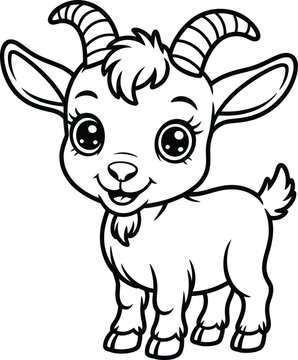 A black and white illustration of a cute cartoon goat with big eyes and horns