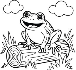 Obraz premium A smiling frog sitting on a log in the grass with clouds in the background