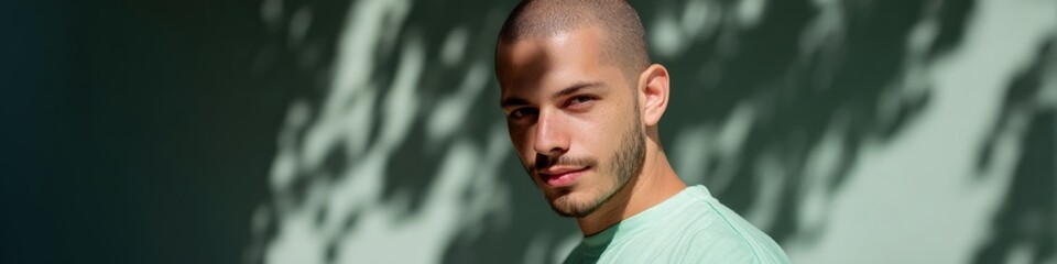 Obraz premium Male hispanic young portrait sunlit shadowed background green shirt confident gaze natural light outdoor headshot