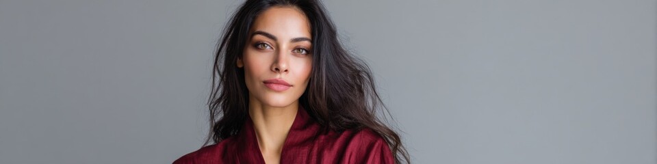 Naklejka premium Young hispanic female adult portrait red clothing relaxed expression soft lighting neutral backdrop