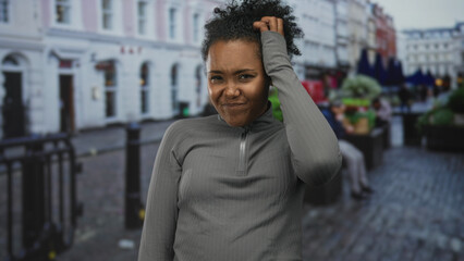 Fototapeta premium Woman touches hair with visible face and grey top standing on a bustling cobblestone street; uncertainty hesitation doubt confusion.