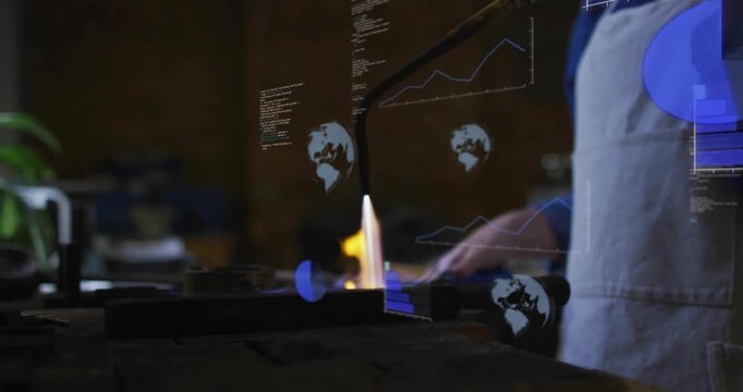 Worker operating torch heating metal piece on bench for metalwork, generating growing blue overlays