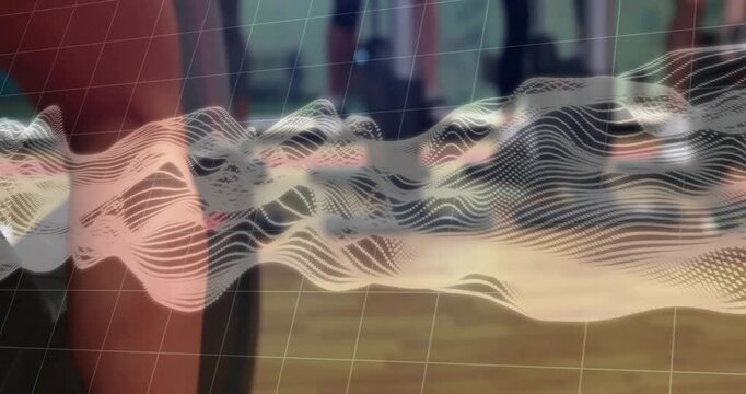 Member foot stepping, touching edge and shifting for fitness with AR wave-grid morphing