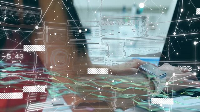 Vertical video: Data overlay appearing, woman in black top tapping phone, typing at desk, analyzing