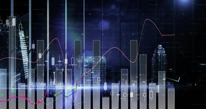 Vertical video: Animating chart over night skyline as green line emerging, lifting bars and candles