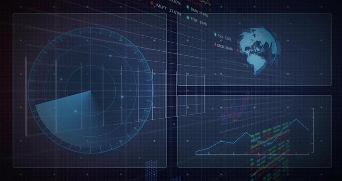 Incoming data driving HUD, radar sweeping with blips, chart peaking, ticker updating for finance