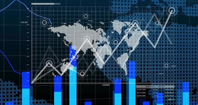 Vertical video: Animating dashboard from dotted map on blue grid, visualizing bars and line nodes