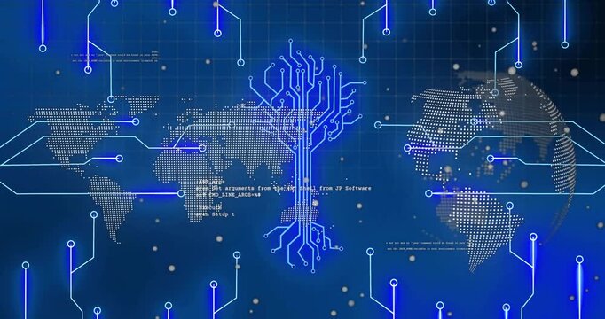 Edge streaks sparking core network, growing circuit linking dotted map and globe, showing tech flow