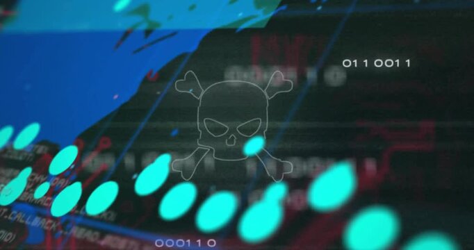 Security dashboard receiving live data feed, moving teal markers, pulsing skull, updating readouts