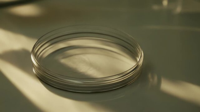 Empty glass petri dish on a sterile lab surface, ready for biological and medical research, clear, reflective labware for microbiology, biotechnology and clinical testing