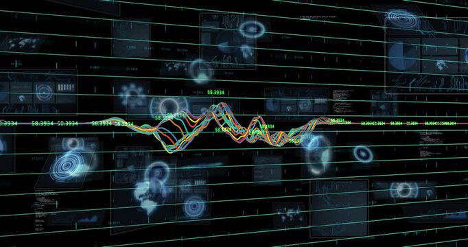 Vertical video: Reacting to data feed, central multi wave pulsing on HUD with teal grid readouts