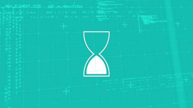 Loop starting white hourglass flipping upright or tilted, sand shifting on teal grid for processing