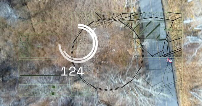 HUD overlay appearing and rotating, tracking bright brush patch while rider riding down path