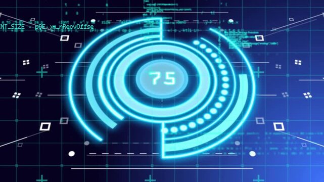 At start central glowing HUD appearing rings rotating digits jumping grid shifting showing updates