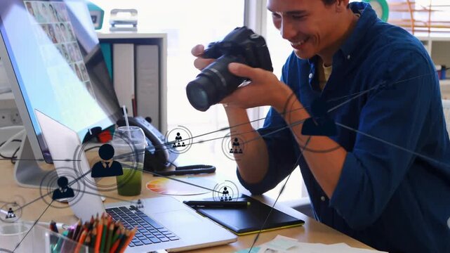 Vertical video: Man raising camera, shooting proofs while nodes drifting, showing workflow