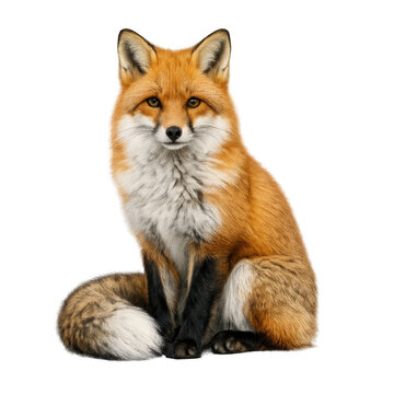 Stunning Red Fox Sitting Alert with Fluffy Tail Wrapped Forward, Vivid Orange Fur and Detailed Texture, Isolated on Transparent Background, High-Quality PNG Cutout for Wildlife Design Projects