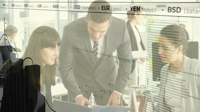 Male lead opening binder, pointing to chart, colleagues reviewing report, finance ticker overlaying