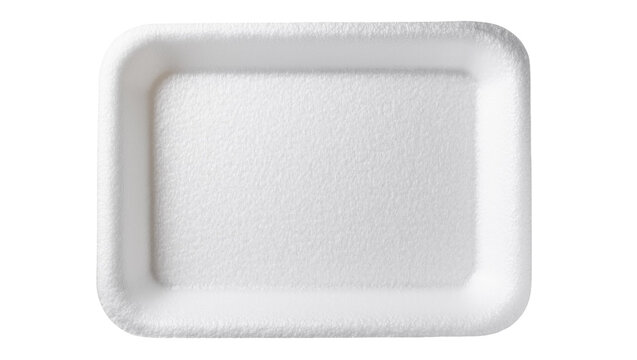 Isolated empty white disposable foam tray, common food packaging material with rough texture