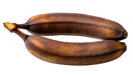 Isolated two very ripe and dark brown bananas with mottled skin, perfect for baking © Martina
