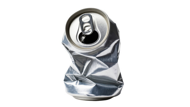 Isolated crushed aluminum soda can with an open top, shiny metal surface, ready for recycling.