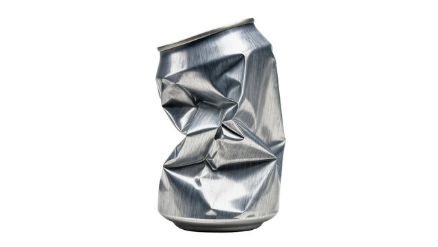 Isolated crumpled silver aluminum beverage can, an empty and squashed object.