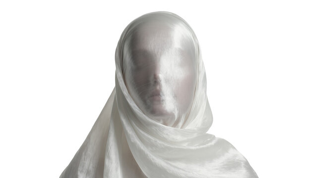 Isolated mysterious individual with face and head covered by shimmering white silk fabric