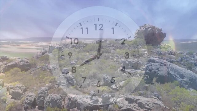 Camera pulling back and panning right, clock hands moving, revealing ridge and showing time passing