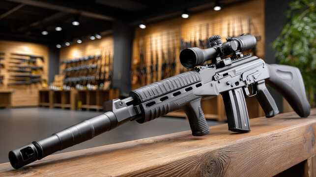 Modern sporting rifle displayed on a rustic wooden shelf in a weaponry store, showcasing various firearms and ammunition for enthusiasts and security purposes