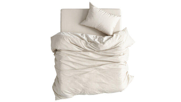 Isolated comfortable bed with beige and white striped duvet and pillow, top view of cozy home bedding