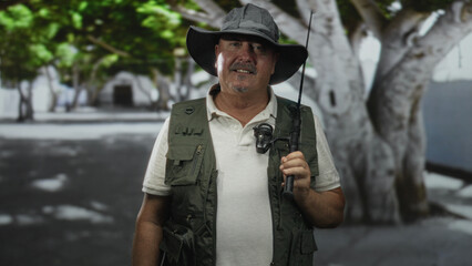 Man holding a fishing rod and reel, hand on rod, wearing hat and fishing vest on a street; serenity...
