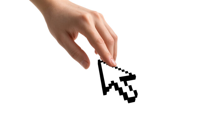 Isolated human hand picking up or holding a pixelated computer mouse arrow cursor symbol
