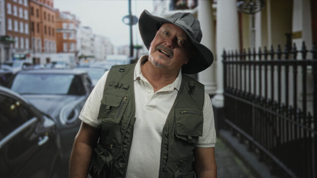 Man in fisherman vest tilting head and smiling while wearing wide brim hat on a city street; contentment retirement outdoors.