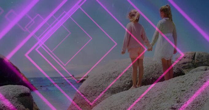 Children holding hands on rocks, neon diamond sweeping front urging balancing and gazing for design